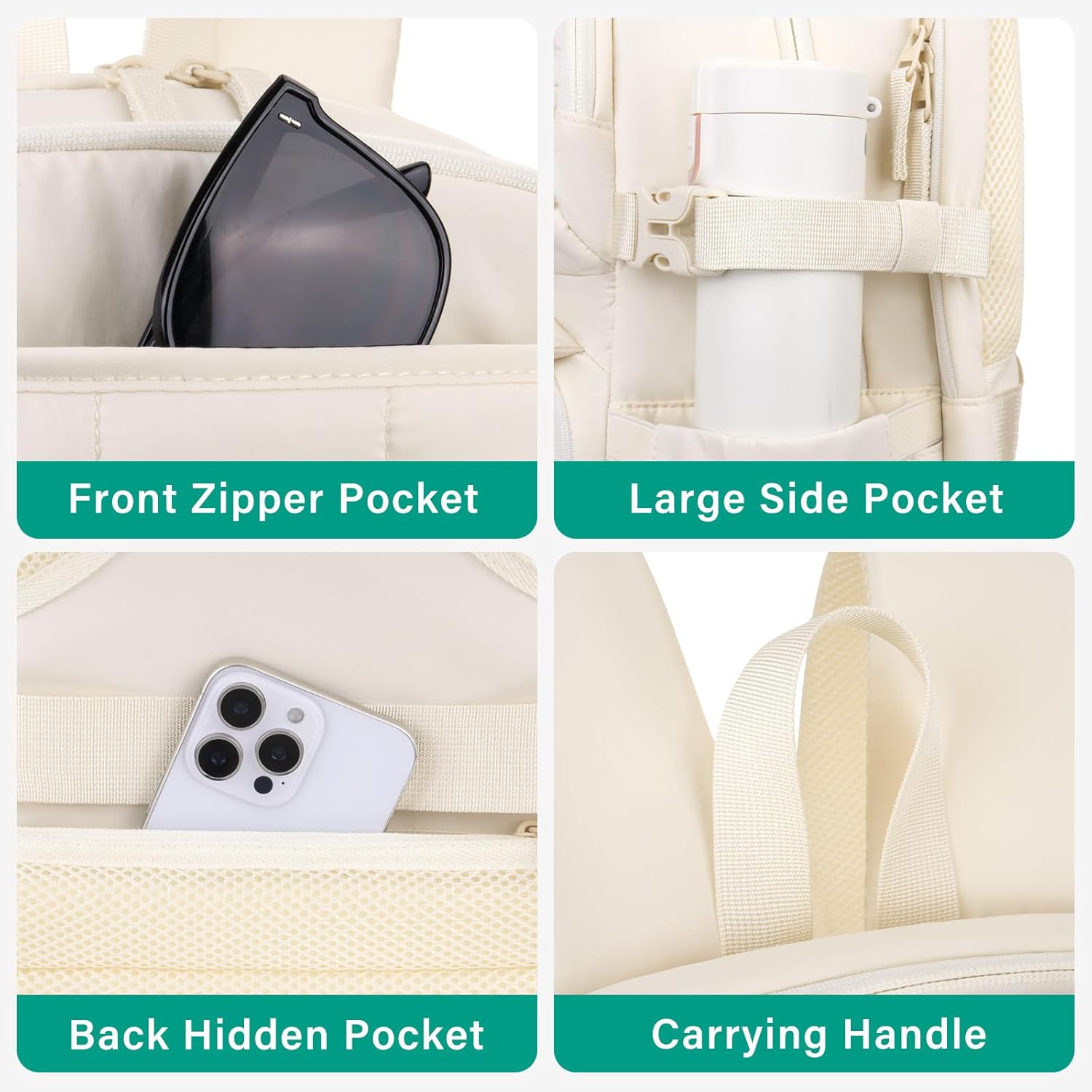 MOSISO Puffy Laptop Backpack for Women, 15.6 inch Lightweight Computer Bookbag Carry on Daypack with Flap Pocket, Travel Backpack Personal Item Bag for Commute Weekender College Work Business, Beige - Image 4