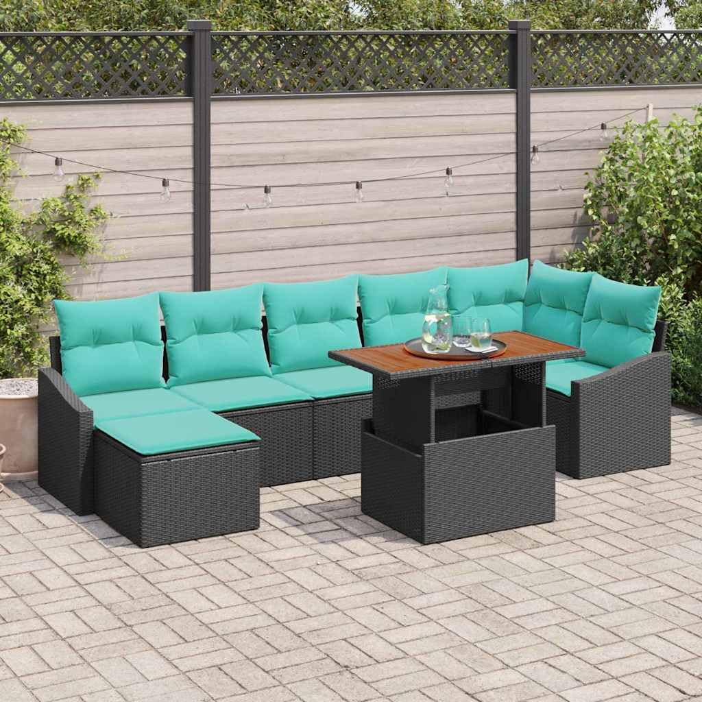 Set di mobili da giardino in polyrattan, 8 pezzi, colore nero e | Salotto modulare in rattan con tavolo in legno di acacia e spazio per riporre oggetti, per terrazza e giardino