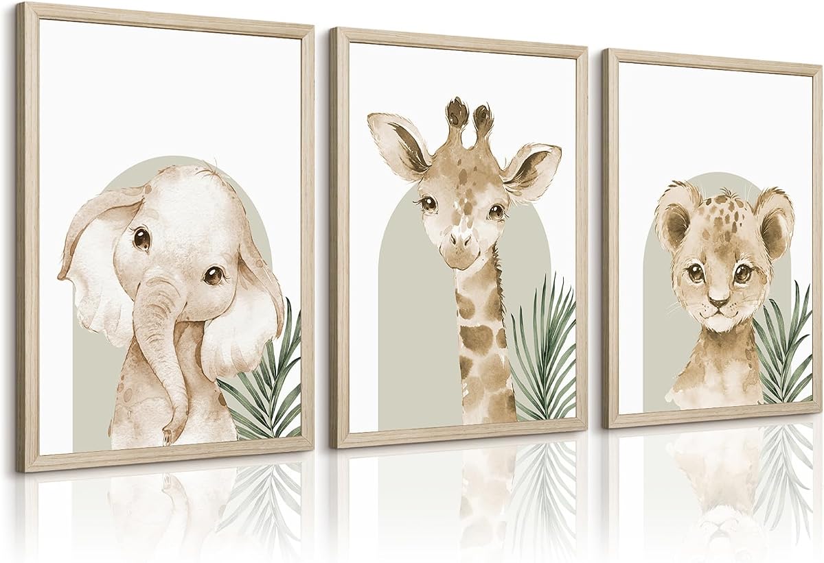 Imágenes artísticas de pared de animales para bebé, guardería, lienzo, decoración de pared, safari, estampado de animales, selva, niños, arte de la pared, decoración de la pared, jirafa, selva, póster para habitación, 12.0 x 16.0 in, marco de madera, juego de 3