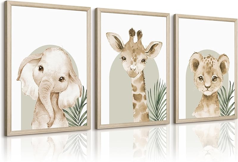 Imágenes artísticas de pared de animales para bebé, guardería, lienzo, decoración de pared, safari, estampado de animales, selva, niños, arte de la pared, decoración de la pared, jirafa, selva, póster para habitación, 12.0 x 16.0 in, marco de madera, juego de 3