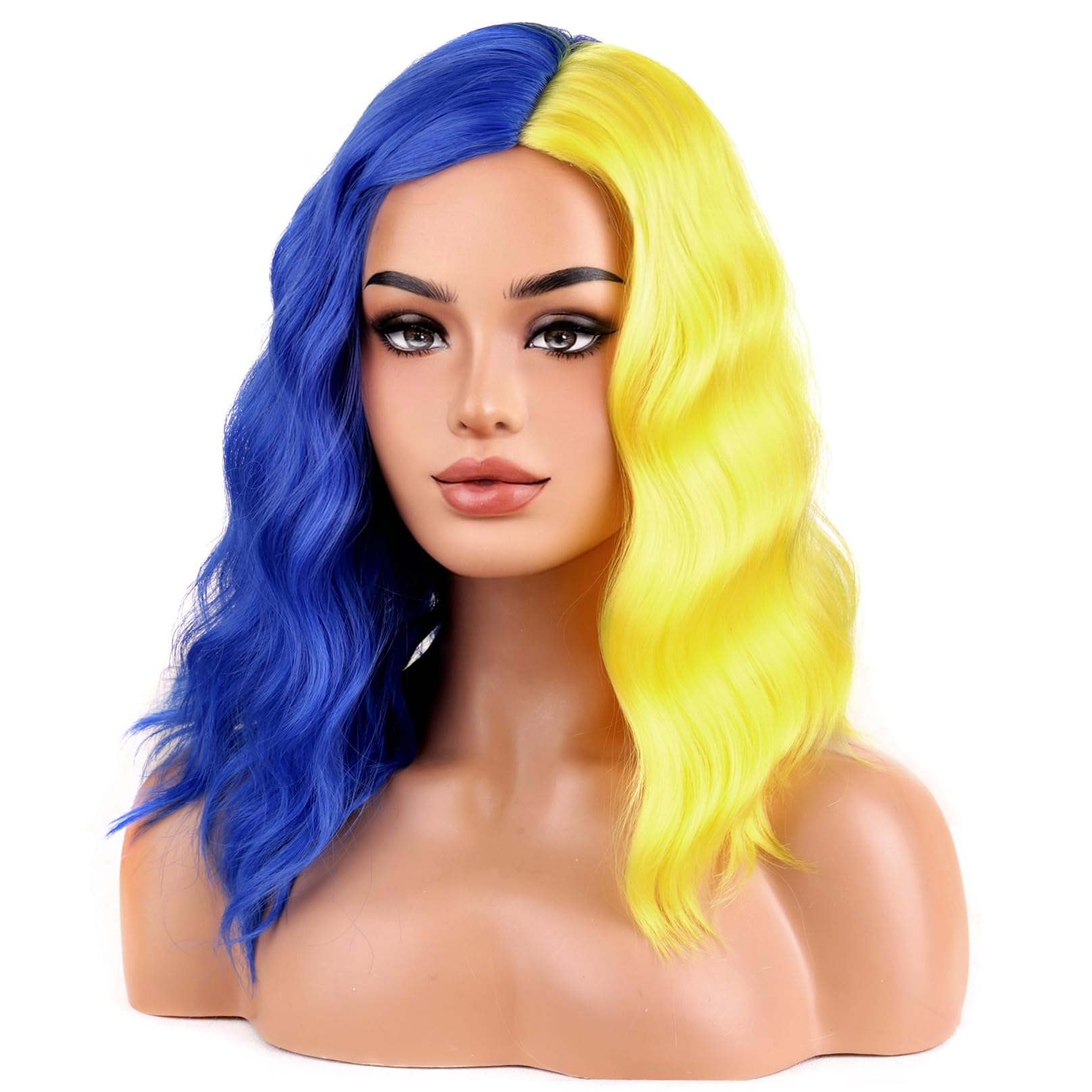 BERON Gelbe und blaue kurze gewellte Perücke für Damen und Mädchen, schulterlang, gelockt, gewellt, zweifarbig, hitzebeständig, synthetisch, Halloween, Kostüm, Cosplay, Alltag, Party