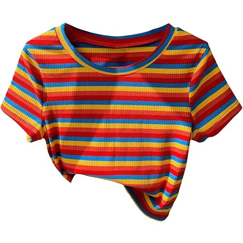 WDIRARA Women's Colorful Striped Short Sleeve Tee Shirt Y2k Crewneck Ribbed Knit Crop Tops