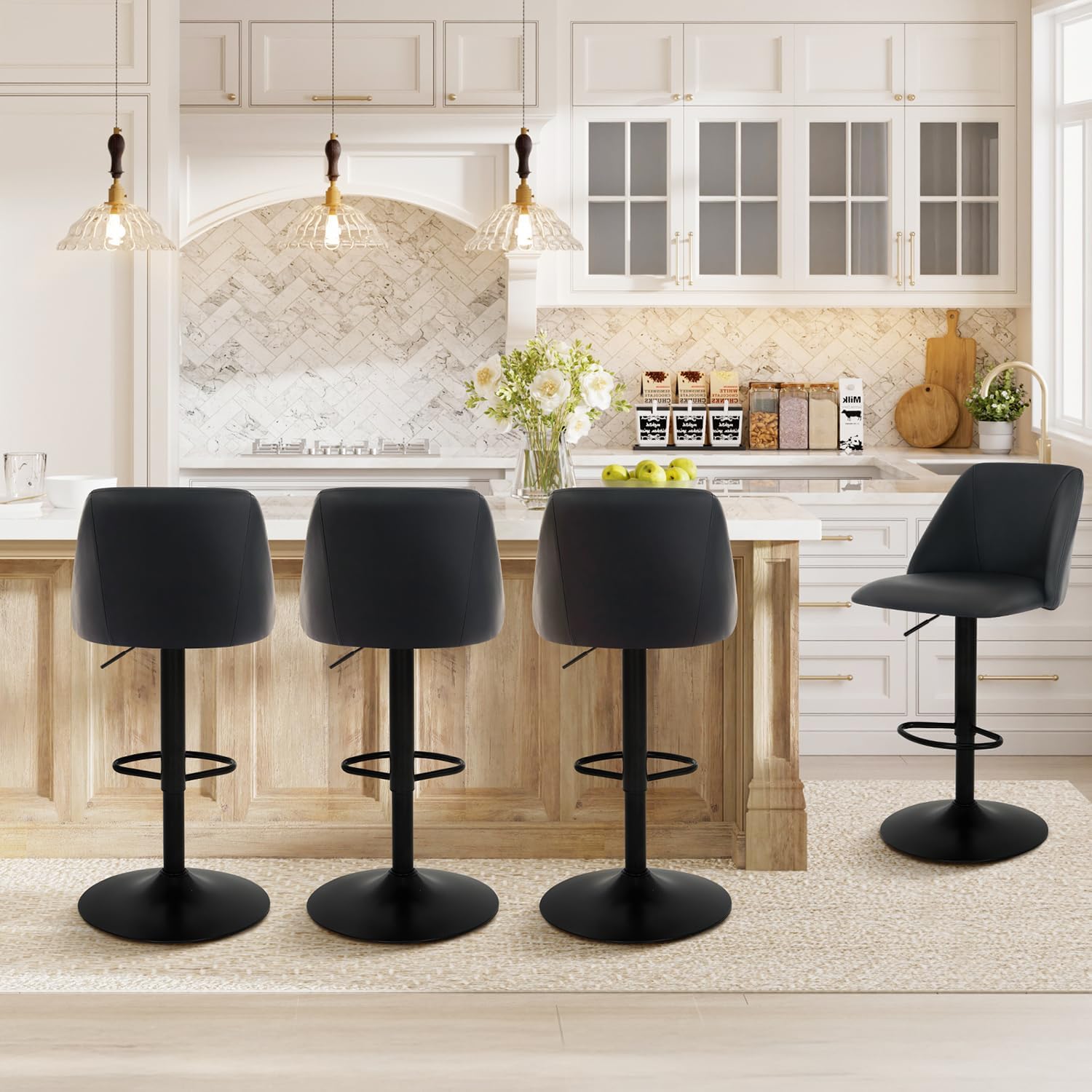 COLAMY Bar Stools Set of 4, Modern Swivel Bar Chairs, Adjustable PU Leather Upholstered Barstools Counter Height with Full Backrest for Bar, Dining Room, Kitchen Island, Black