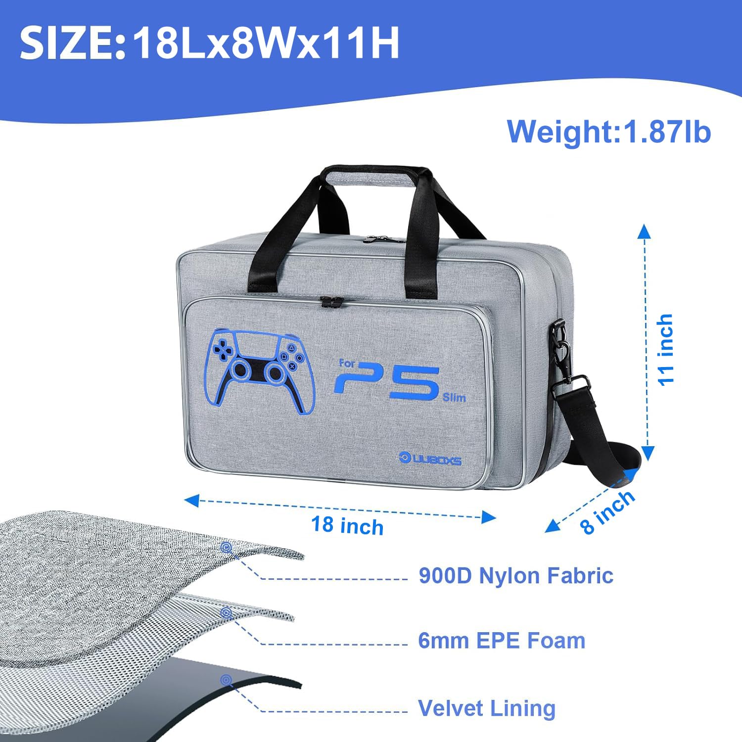UUBOXS Funda de Transporte Compatible con PS5 Slim, Bolsa de Viaje Protectora para Consola Disk/Digital Edition, Almacenamiento para Accesorios y Mando - Gris