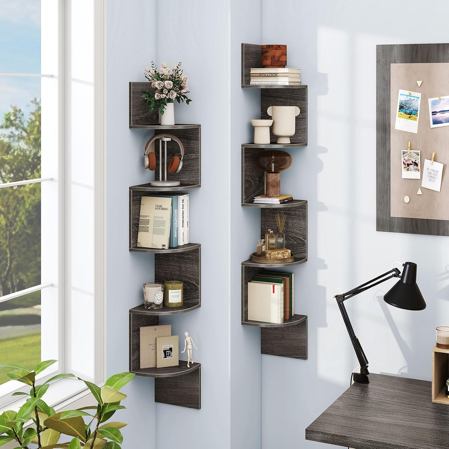Corner Shelf Wall Mounted Set of 2, 5-Tier Hanging Bookcase, Wood Storage Organizer, Modern Display Rack, Corner Floating Shelves for Bedroom, Living Room, Kitchen, Home Office (2, Grey)