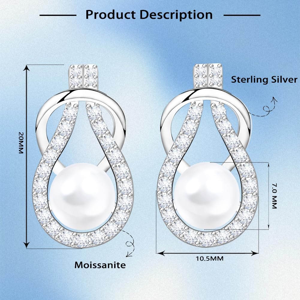 Moissanite & Pearl Stud Earrings for Women - 925 Sterling Silver Hypoallergenic Jewelry