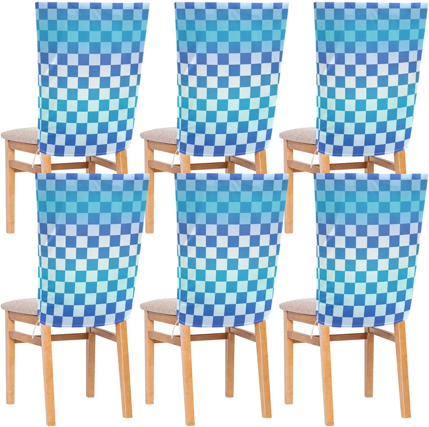 ALAZA Gradient Blue Plaid Chair Back Cover Set of 6, Washable Reusable Removable Chair Slipcovers Decorative Chair Cover for Home Kitchen Wedding Party