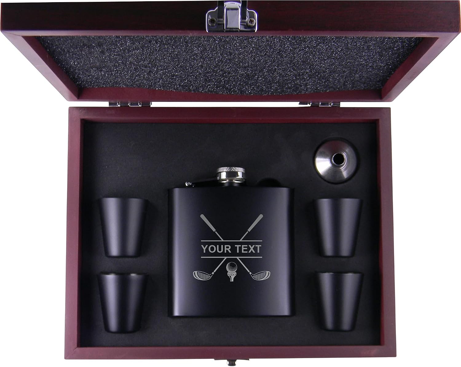 Personalized Golf Club Flask, Funnel, (4) Shot Glasses, and MDF Presentation Gift Box with Rosewood Finish - Custom Golfing Birdie Juice Hip Stainless Steel Metal Matte 6-Ounce Golf Bag Engraved Flask