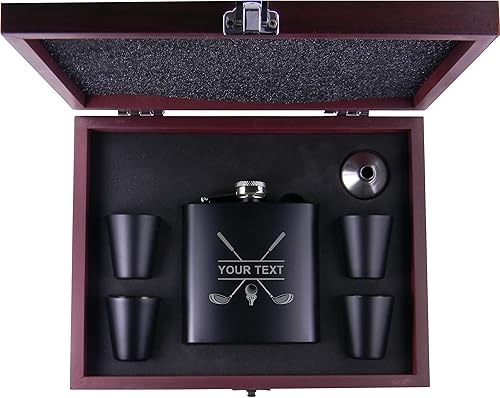 Frasco personalizado para club de golf, embudo, (4) vasos de chupito y caja de regalo de presentación de MDF con acabado de palisandro – Jugo de