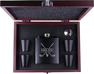 Personalized Golf Club Flask, Funnel, (4) Shot Glasses, and MDF Presentation Gift Box with Rosewood Finish - Custom Golfing Birdie Juice Hip Stainless Steel Metal Matte 6-Ounce Golf Bag Engraved Flask