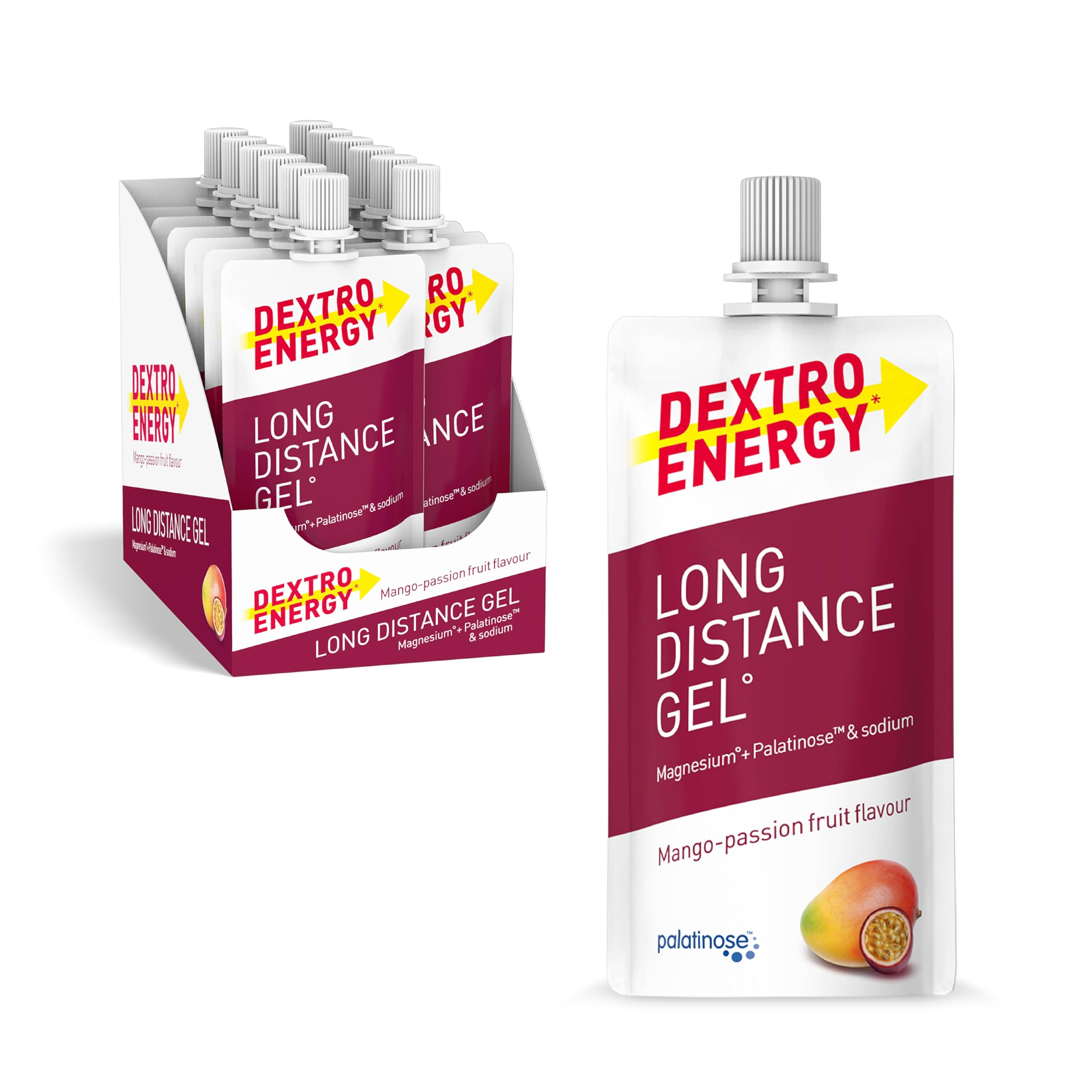 Dextro Energy Long Distance Gel Mango Passionfruit + Magnesium und Natrium - 12 x 50ml (12er Pack) - High Carb Energy Gel mit Palatinose und Elektrolyte zur gleichmäßigen Kohlenhydratversorgung