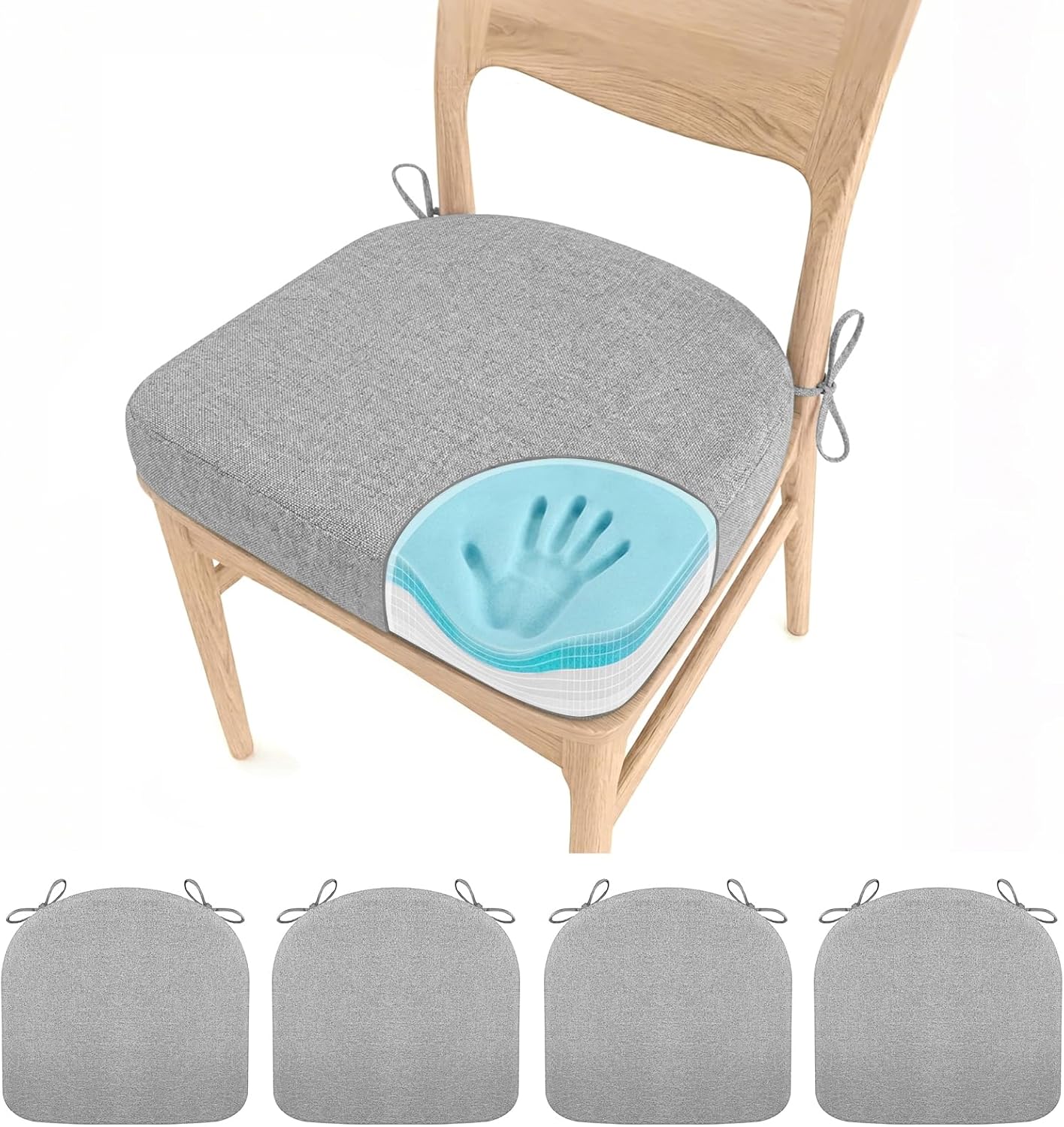 Seat Cushions for Kitchen Chairs, Dining Chair Cushions Set of 4, Memory Foam Chair Pads with Ties and Removable Washable Cover, 17" L x 16" W x 2.5" H, Light Gray