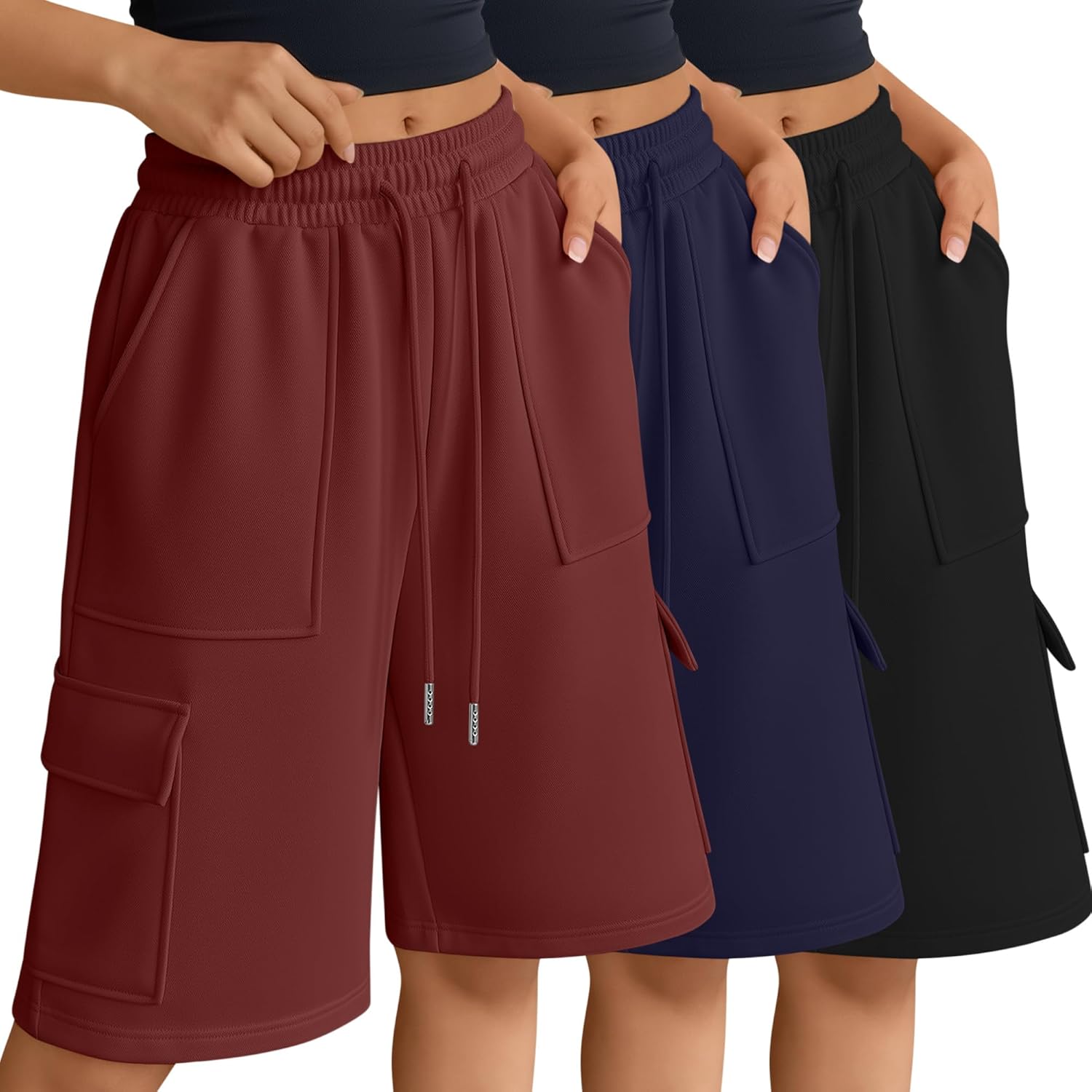 Ficerd 3 Pack Women's Bermuda Shorts Wide Leg Baggy Athletic Cargo SweatShorts Yoga Casual Knee Length Shorts with Pockets
