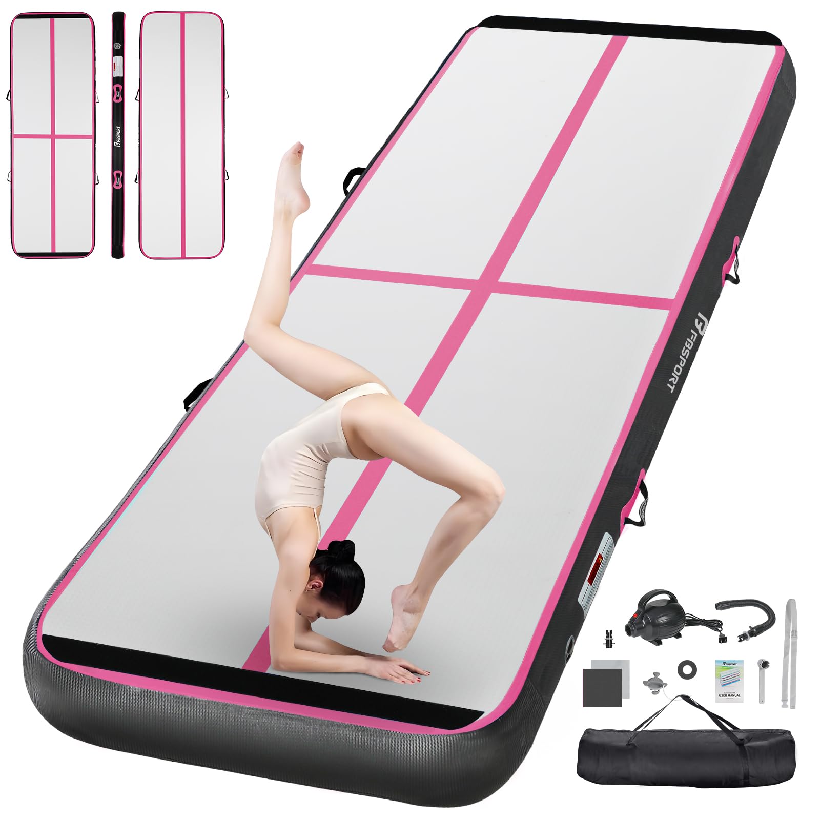 FBSPORT Inflatable Air Gymnastics Mat Training Mats Thickness Gymnastics Tracks for Home Use/Training/Cheerleading/Yoga/Water with Pump
