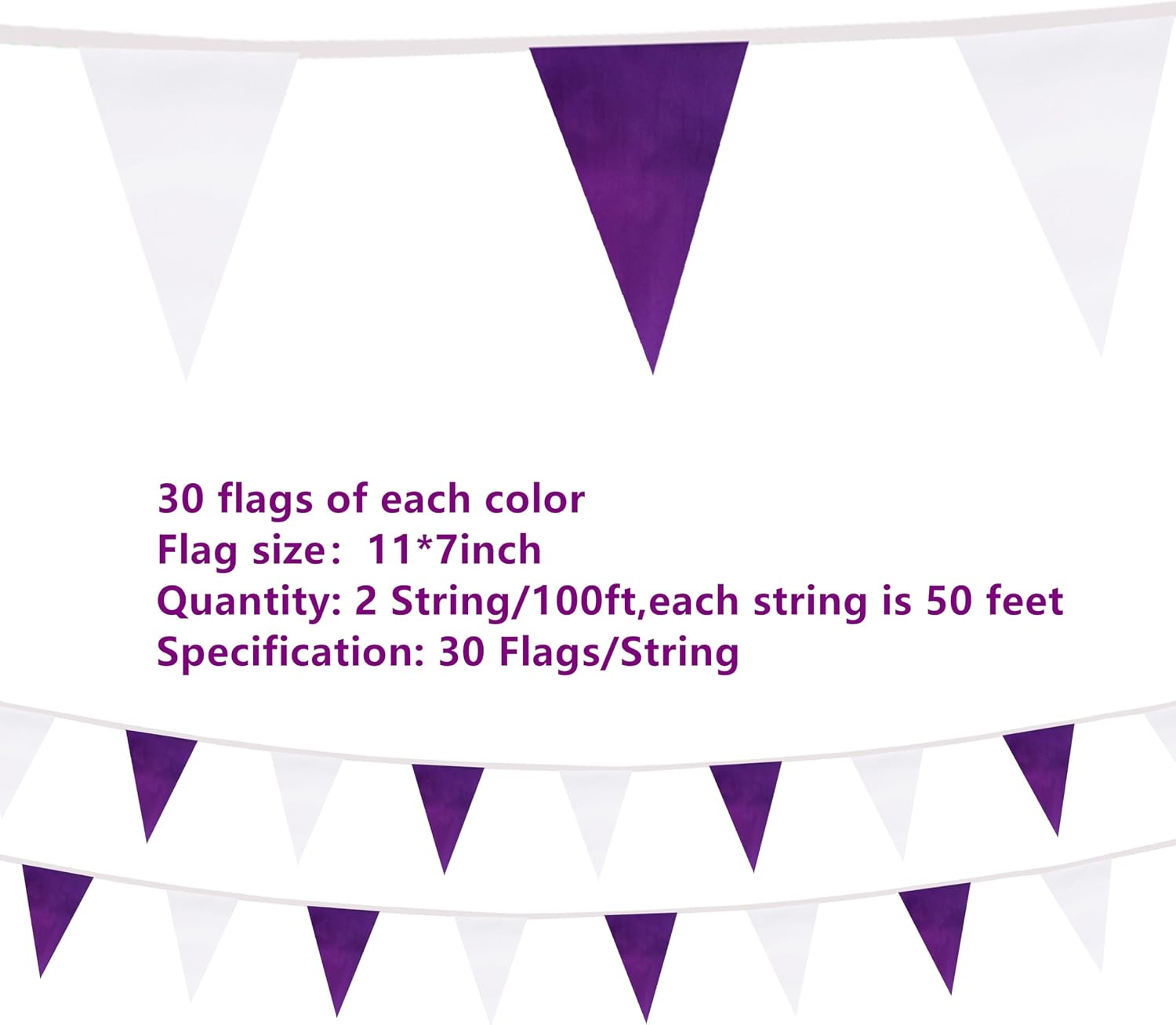 100 Ft Purple White String Flags Pennant Banner Hanging Bunting Flags Blank Banners for Grand Opening,Birthday Party,60 Pack