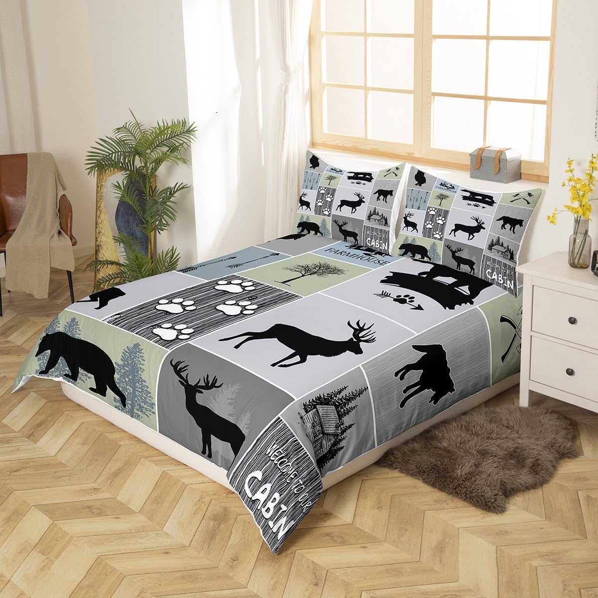 Feelyou Black Bear Deer Duvet Cover Queen Size Rustic Cabin Comforter Cover Wolves Howling Bedding Set Wild Animal Bedspread Cover for Kids Boys Girls Adults with 2 Pillow Case