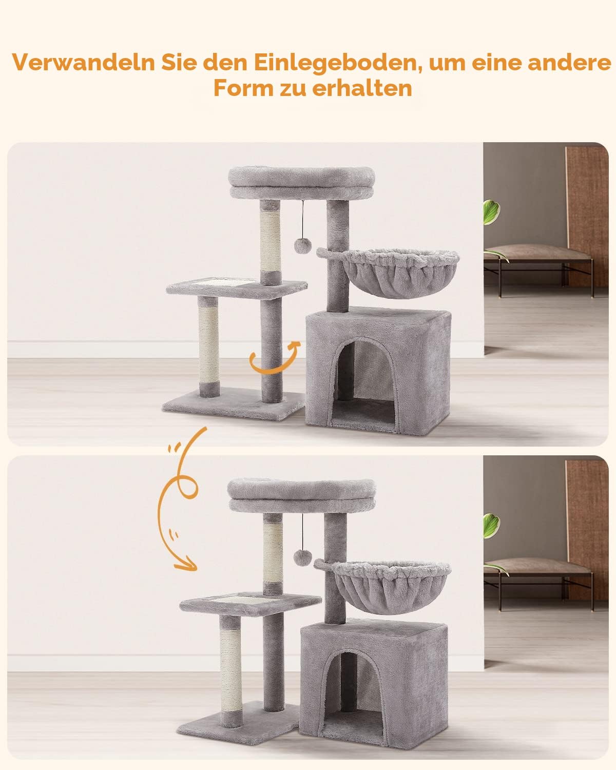 PAWZ Road Kratzbaum, Kleiner Katzenturm [73cm] mit großer Hängematte, 2 Arten von Katzen Aktivität Baum mit Sisal Katze Kratzbaum, interaktive Danging Ball für Indoor-Katzen, Grau