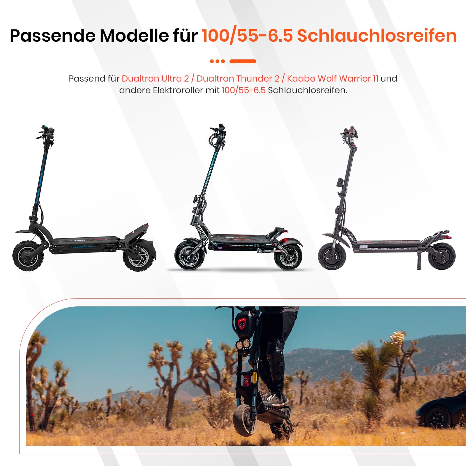 Lot de 2 pneus à vide 100/55-6,5 11" avec adhésif live intégré, réparables pour scooter Dualtron Ultra 2 THUNDER II Kaabo Wolf Warrior