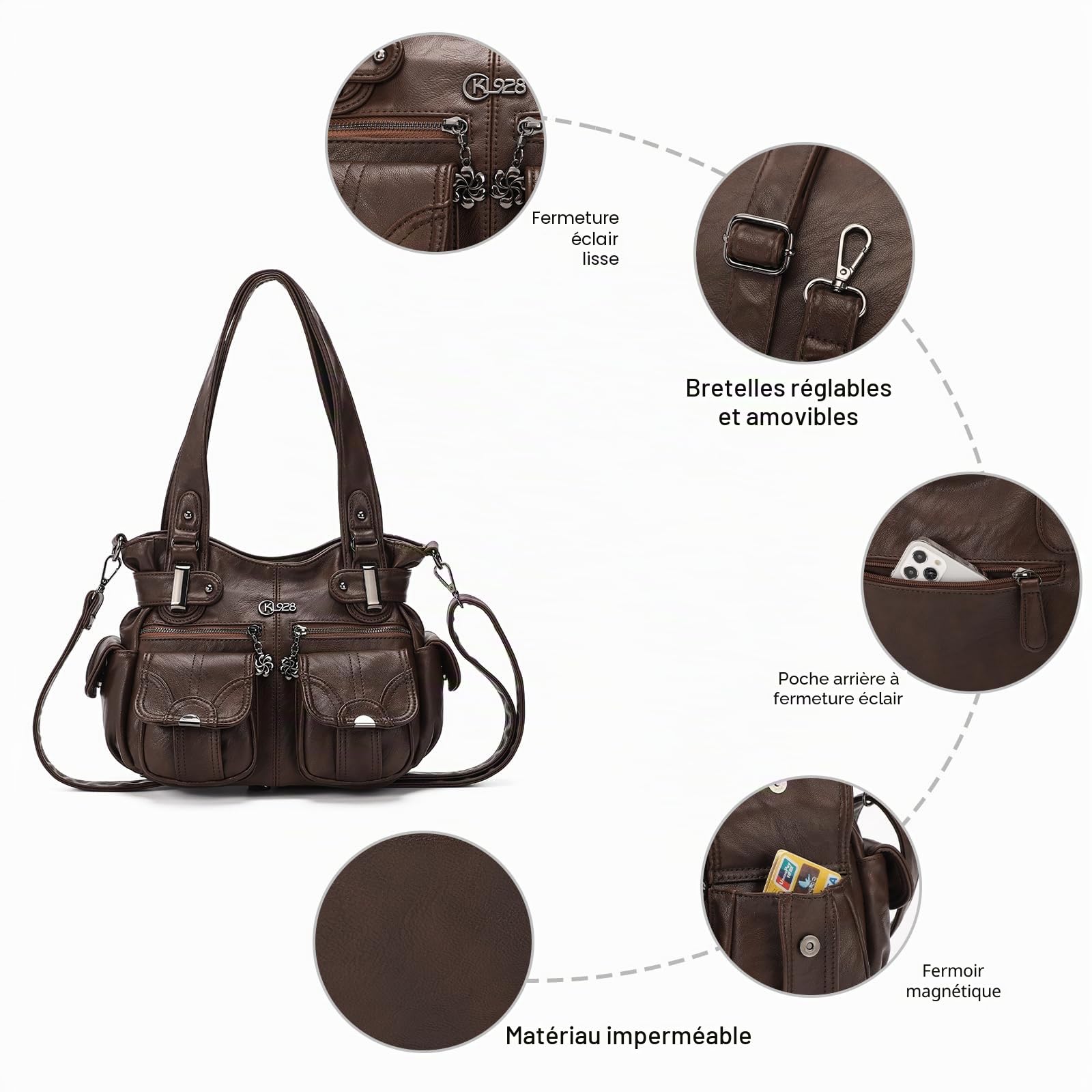 KL928 Sacs à Main Portés épaule Femme, Grand PU Cuir Sac Bandoulière Hobo Sacs Cabas Pour Madame Fille, Café