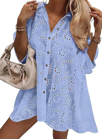 Falechay Women Tops Button Down Floral Eyelet Embroidered Blouses 3/4 Puff Sleeve Shirts High-Low Hem Casual Boho Clothing