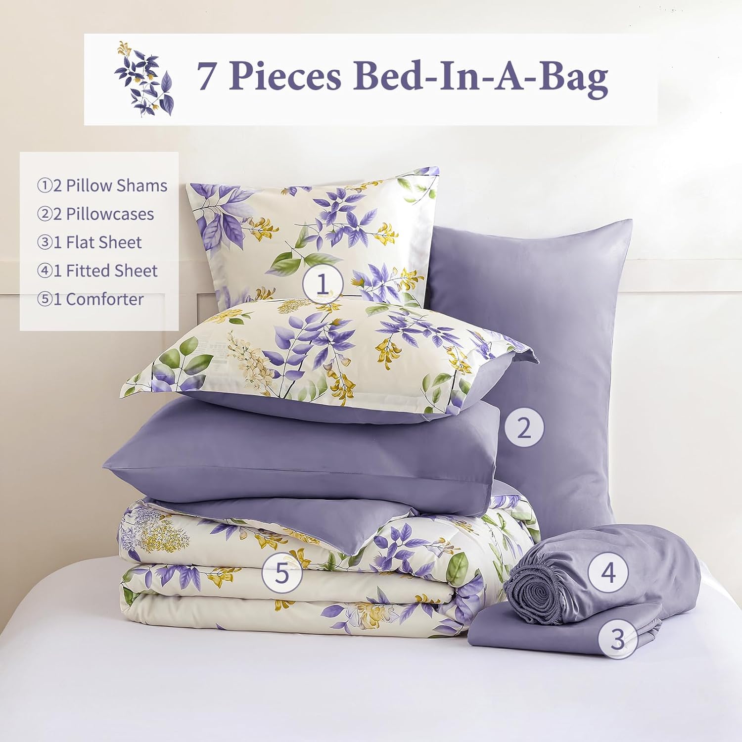 Cottolester Queen Comforter Set- 7 Pieces Floral Comforter Bed in A Bag,Purple Green Botanical Comforter Set with Pillowcases,Soft Microfiber Complete Bedding Sets for All Season - Image 7