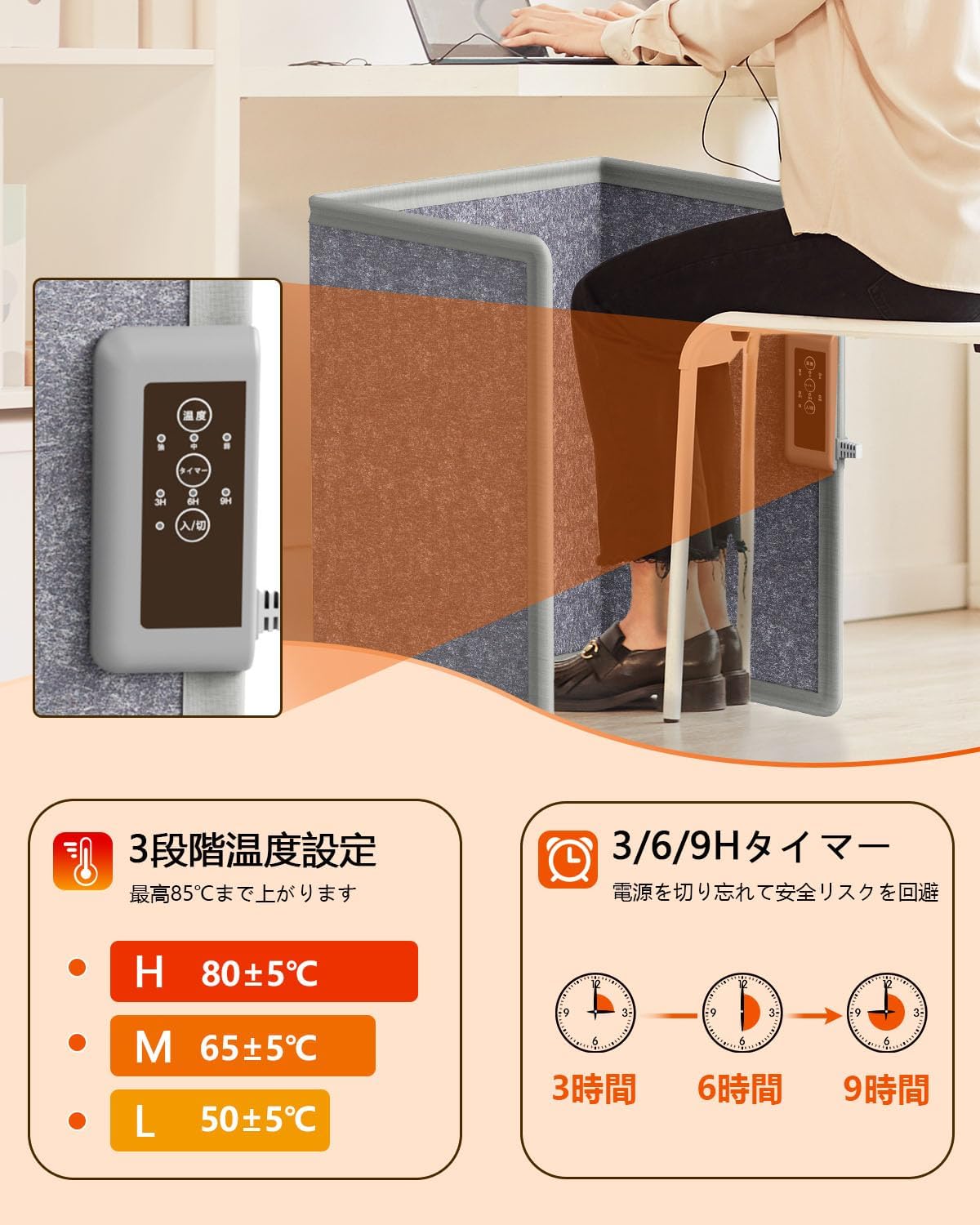 タイマー機能と3段階温度調節がある足元暖房パネルヒーター