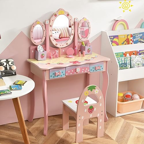 Miniatura 2 de HONEY JOY Vanity - Juego de tocador y silla de madera de princesa de fresa con espejo ovalado de tres pliegues y accesorios de vidrio real, parte