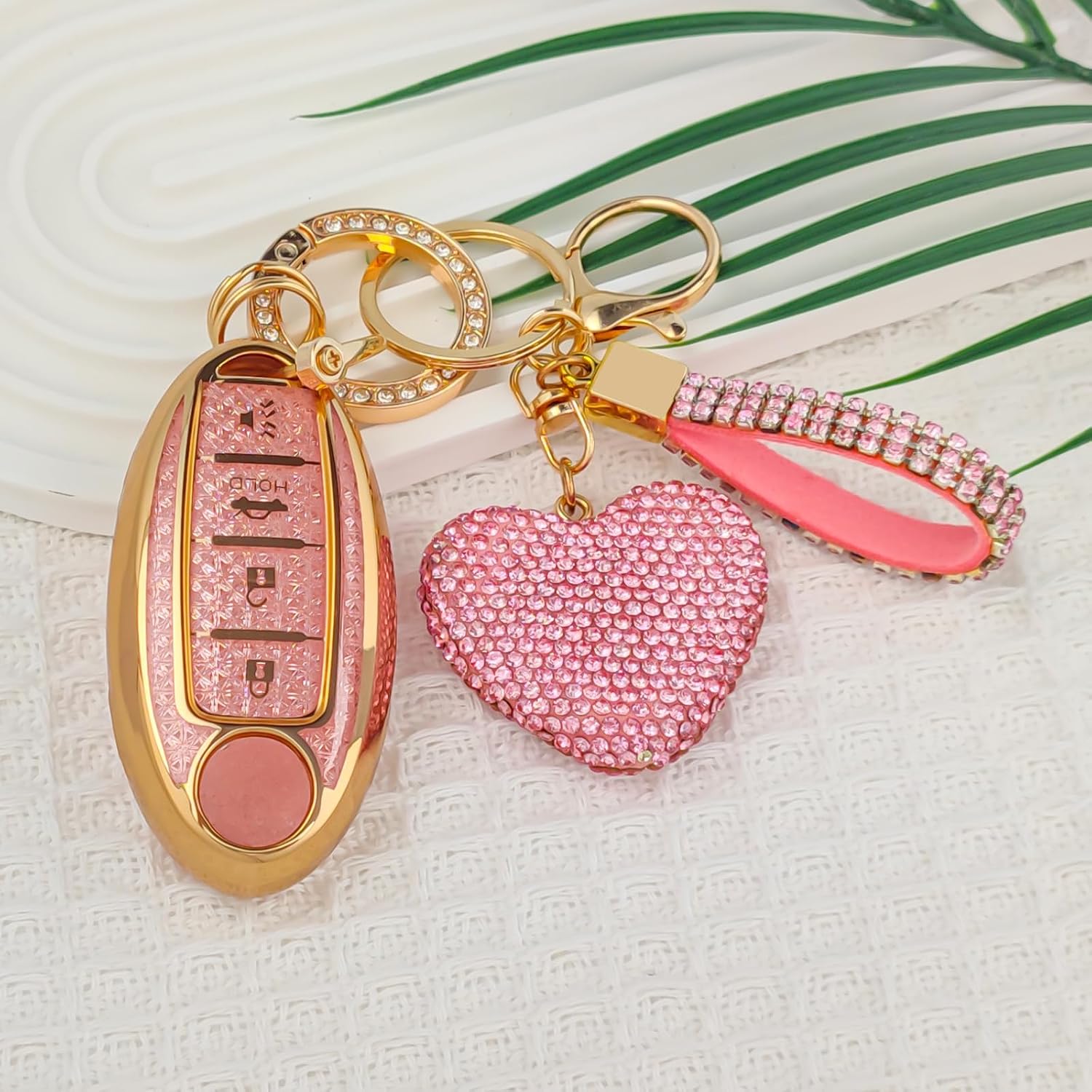 4 Button Key Fob Cover with Diamond, Compatible with Nissan Altima Sentra Maxima Murano Rogue Armada Pathfinder, Sparkling TPU Key Case and Bling Heart Decoration for Women, B-Style (Pink) image 4