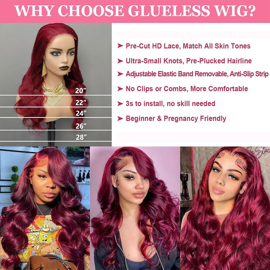 99J Burgundy Lace Closure Wigs Human Hair Glueless Wigs Human Hair Pre Plucked Pre Cut 5X5 Lace Front Wig 99J Body Wave Lace Closure Wigs Pre Plucked With Baby Hair 180 Density for Women 16 Inch