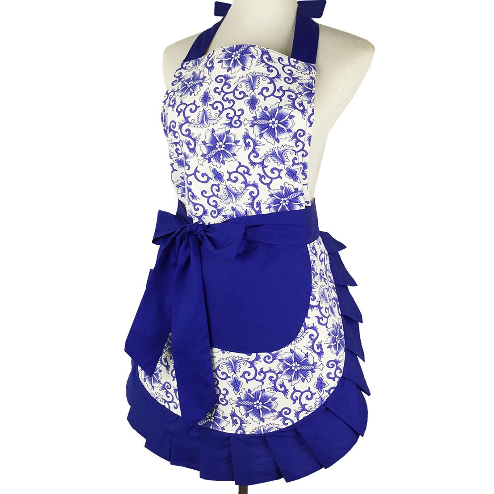 Jolis Tabliers Tablier en toile coton imprimé porcelaine bleu et blanc grand tablier à lacets de poche pour la Cuisine la Pâtisserie et le Jardinage