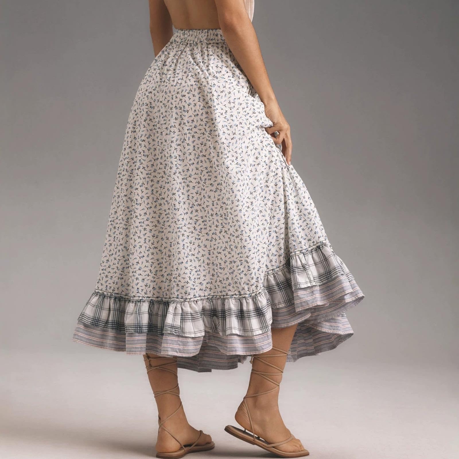 Jupe Décontractée A-line,Jupe Midi Bohème À Fleurs Femme,Motif Écossais