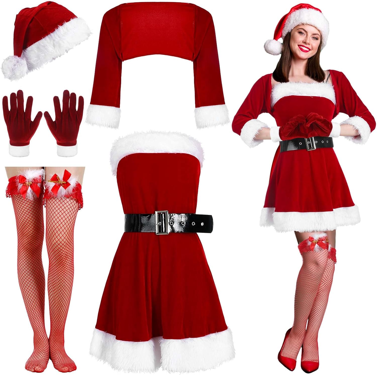 Toulite 4 Pcs Women Santa Suit Costume Christmas Suit Mrs. Claus Costume, Santa Hat, Striped Tights, Gloves for Adult