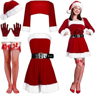 4 Pcs Women Santa Suit Costume Christmas Suit Mrs. Claus Costume, Santa Hat, Striped Tights, Gloves for Adult