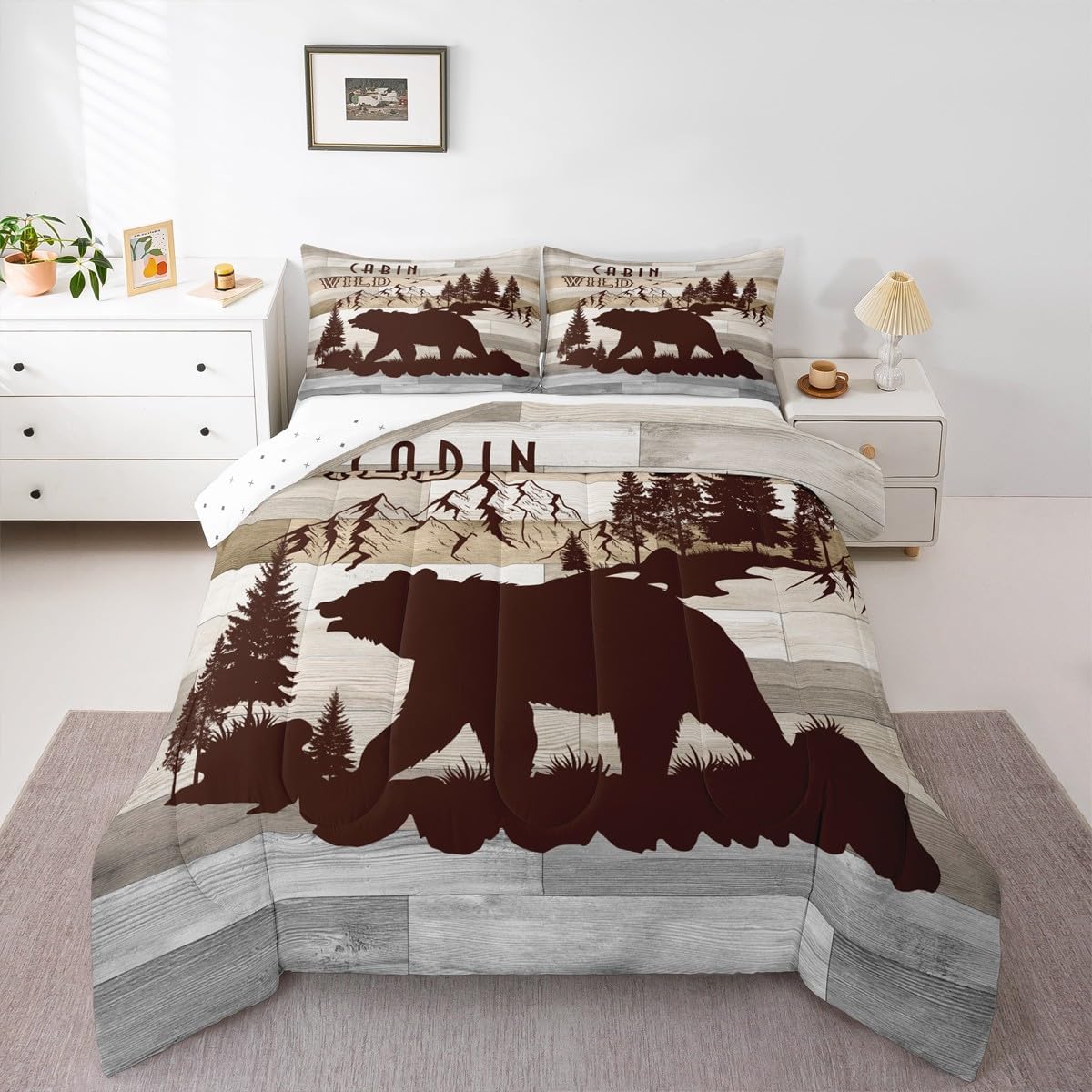 Feelyou Boys Girls Rustic Bear Comforter Set Queen Size, Cabin Bedding Set Kids Farmhouse Lodge Country Duvet Insert Nature Teens Bedroom Decor with 2 Pillow Case