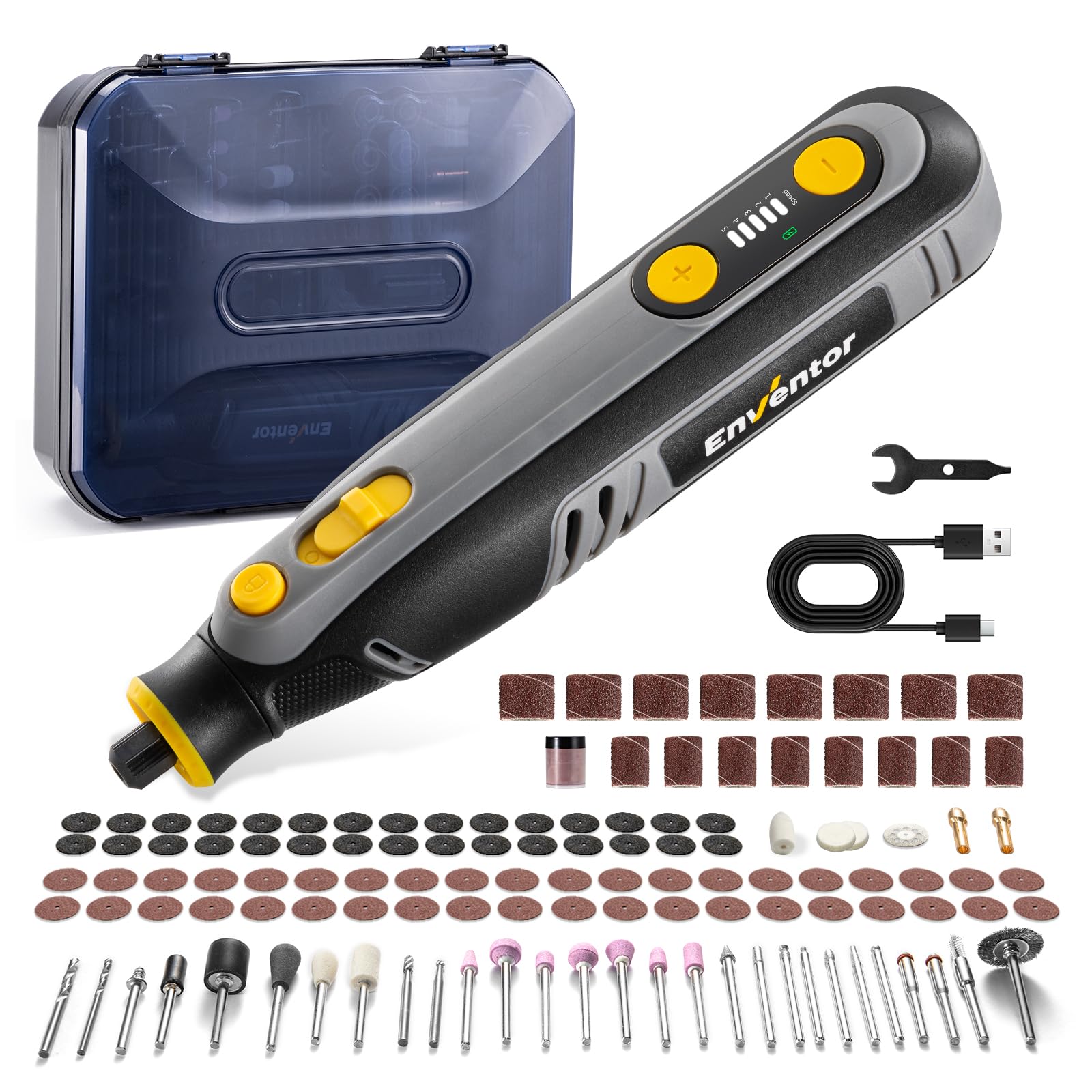 Enventor Mini Utensile Rotante Multifunzione a Batteria 8V, Mini Trapano Elettrico 124 Accessori, 5 Velocità Regolabili, 5000-30000RPM, Ricarica USB, per Incisione, Smerigliatura, Lucidatura