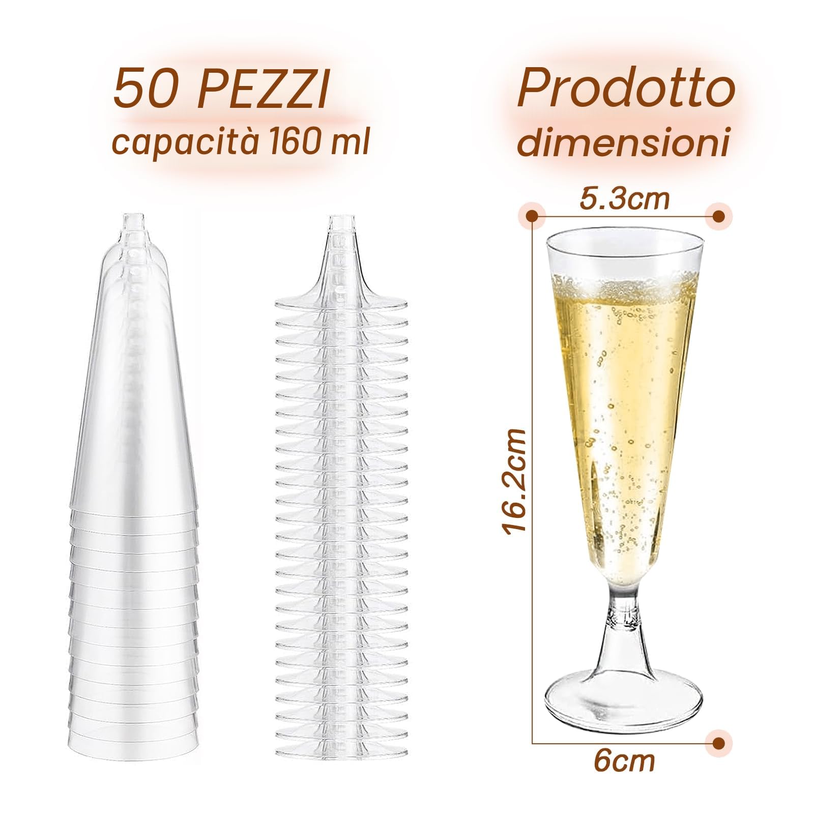 50 Pezzi Calici in Plastica, 160ml Flute Riutilizzabili Trasparente, Bicchieri Da Champagne, Calici Vino Per Feste, Matrimoni, Compleanni, Natalizi