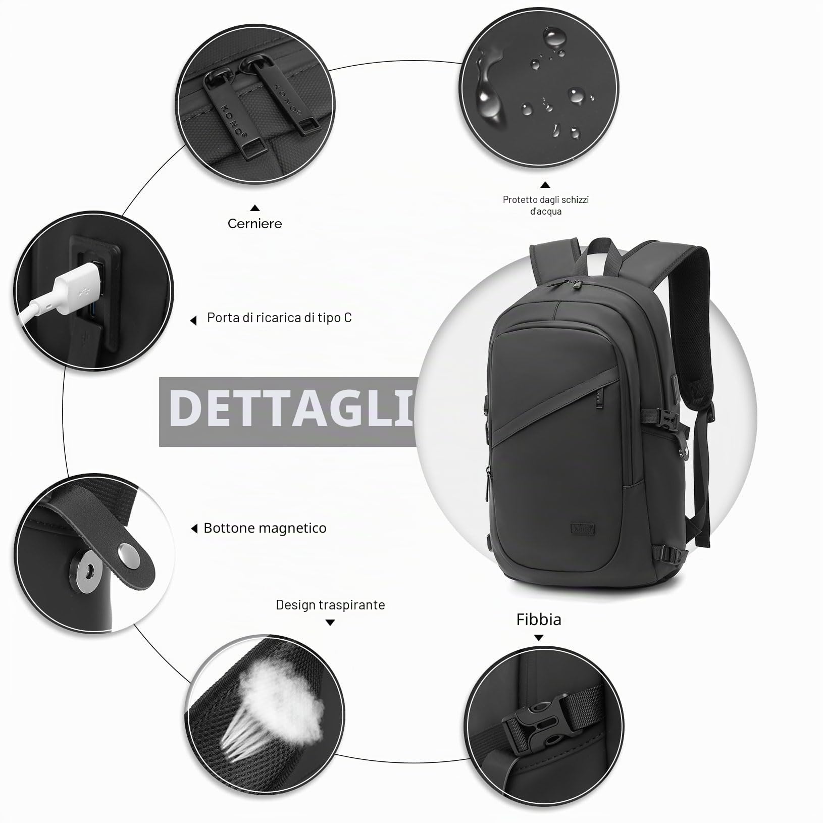 KONO Zaino Porta PC 15.6/17.3 Pollici con Porta USB, Zaino da Lavoro Uomo Impermeabile per Università Viaggi Aereo, Design Elegante