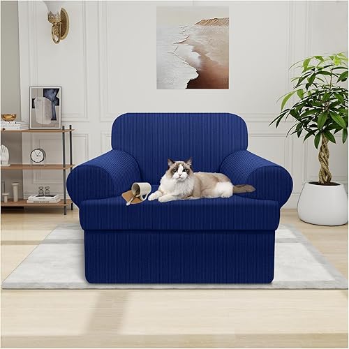 Miniatura 35 de Funda para sofá 100% impermeable, juego de 4 piezas, funda de sofá a rayas para sofá de 3 cojines, con parte inferior de TPU a prueba de fugas