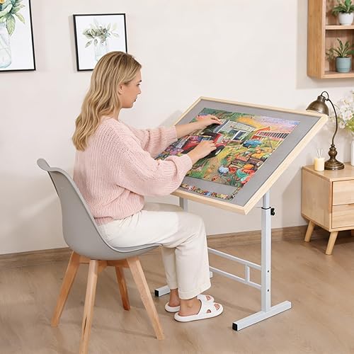Vista 10 de Fanwer Mesa de rompecabezas de 1500 piezas con patas, ajuste de ángulo y altura con 4 cajones y cubierta de madera, tablero de rompecabezas