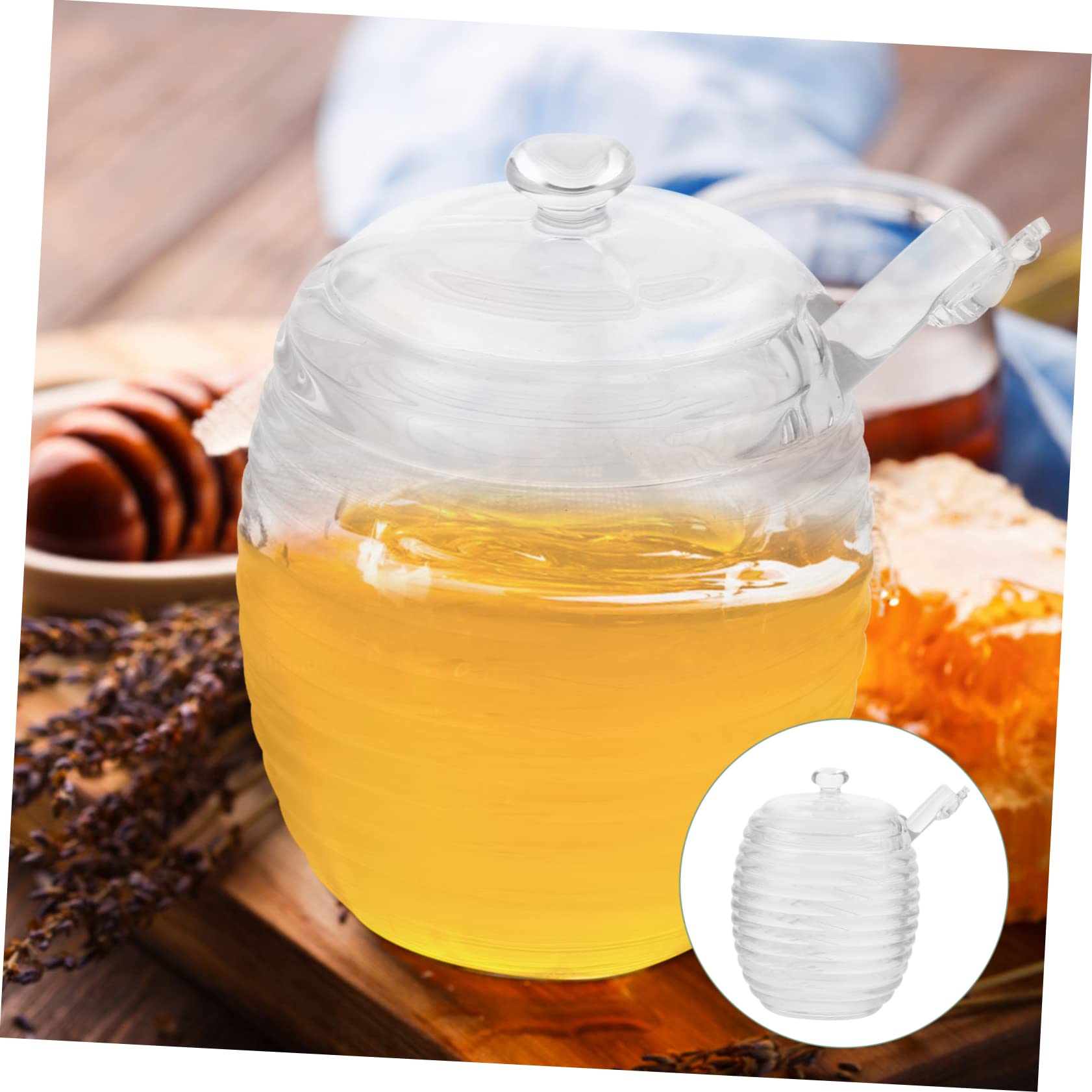 Veemoon Honey Pot with Stirring Stick Crystal Glass Honey Jar Honey Dispenser for Kitchen