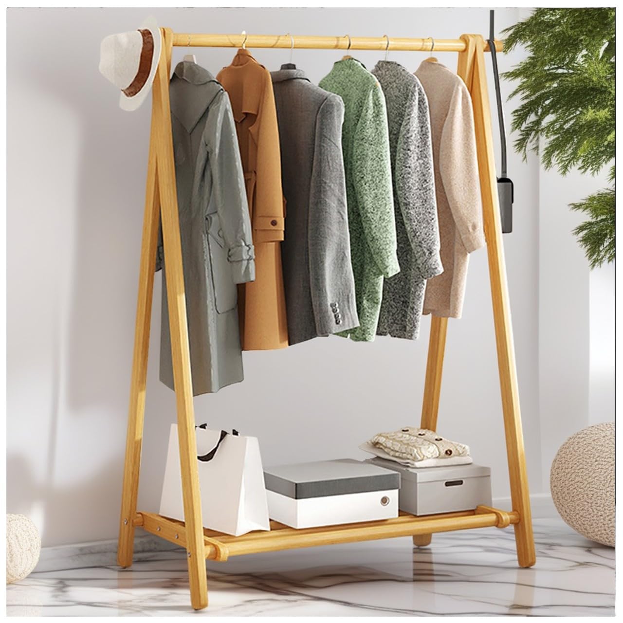 FGXHHS Foldable Wooden Clothes Rack with Sto Shelf, Coat Stand, Garment for Hanging Clothes, Max Load 100kg, Available in 60/80/100/120CM