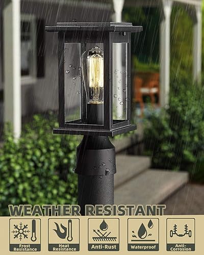Miniatura 10 de Farol industrial para exteriores, luz de pilar exterior HWH, farol de poste impermeable con pantalla de vidrio transparente, acabado negro mate,