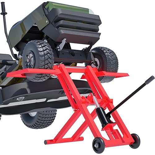 Riding Mower Lift,500 lbs Capacity Lawn Mower Lift Jack with Hydraulic Jack,Foldable Design for Zero Turn Mower Lift and Garden Tractors, Red