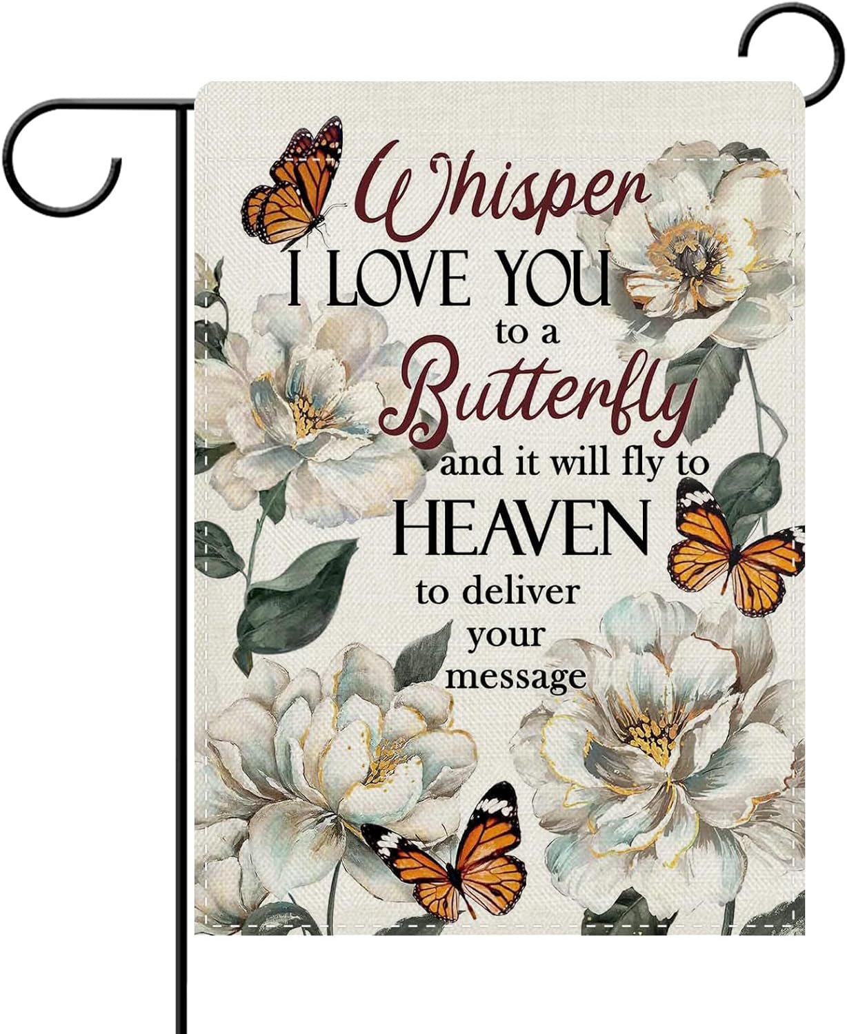 Dyrenson White Peony Flower Memorial Decorative Garden Flag, Whisper I Love You to a Butterfly Yard Outside Home Decorations, Floral Burlap Cemetery Outdoor Small Decor Double Sided 12 x 18