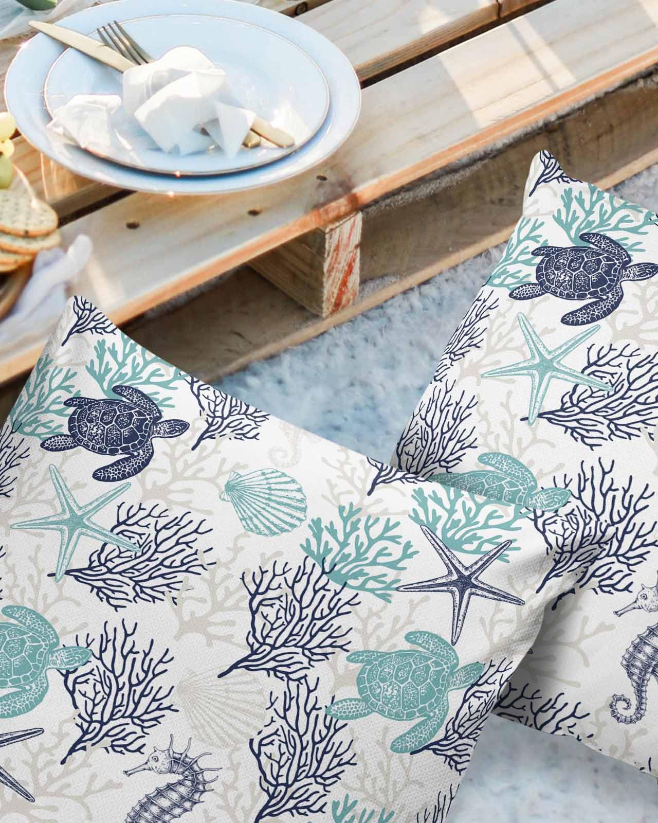 LBDecor Outdoor Throw Pillow Covers 16x16 Waterproof Coral Shell Turtle Seahorse Outdoor Pillows Decorative Cushion Covers Pillowcase for Tent Patio Garden Couch Set of 2,Summer Ocean Blue Turquoise