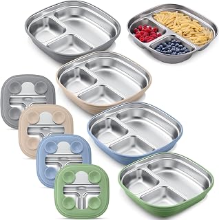 Geiserailie Square Stainless Steel Toddler Plates with Suction – 7.68” Divided Plates with Removable BPA-Free Silicone Sleeves, Unbreakable Baby Feeding Dishes Set of 4(Blue,Green,Beige,Gray)