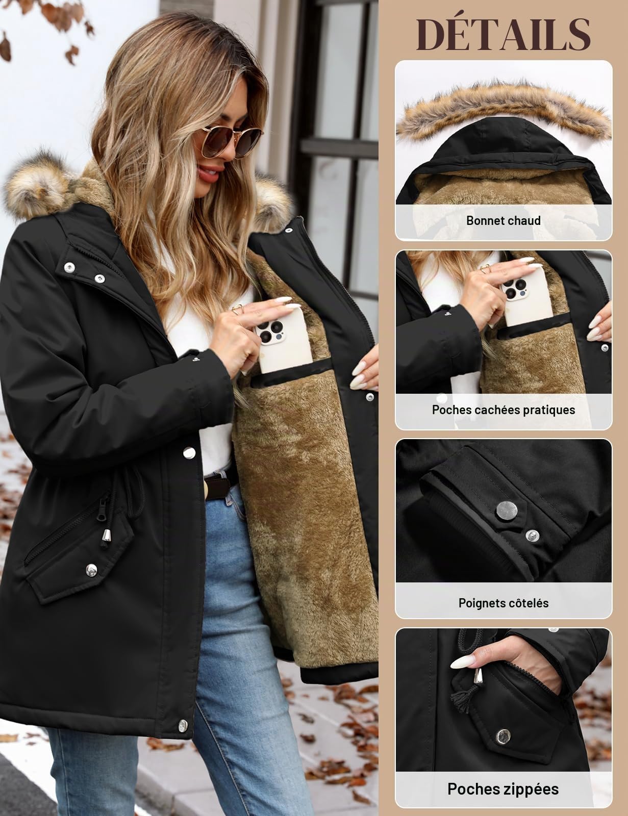 UMIPUBO Manteau Femme Hiver Parka Manteaux Imperméable Chaud Veste à Capuche Polaire Doublure Blouson avec Zippé Longue Outercoat