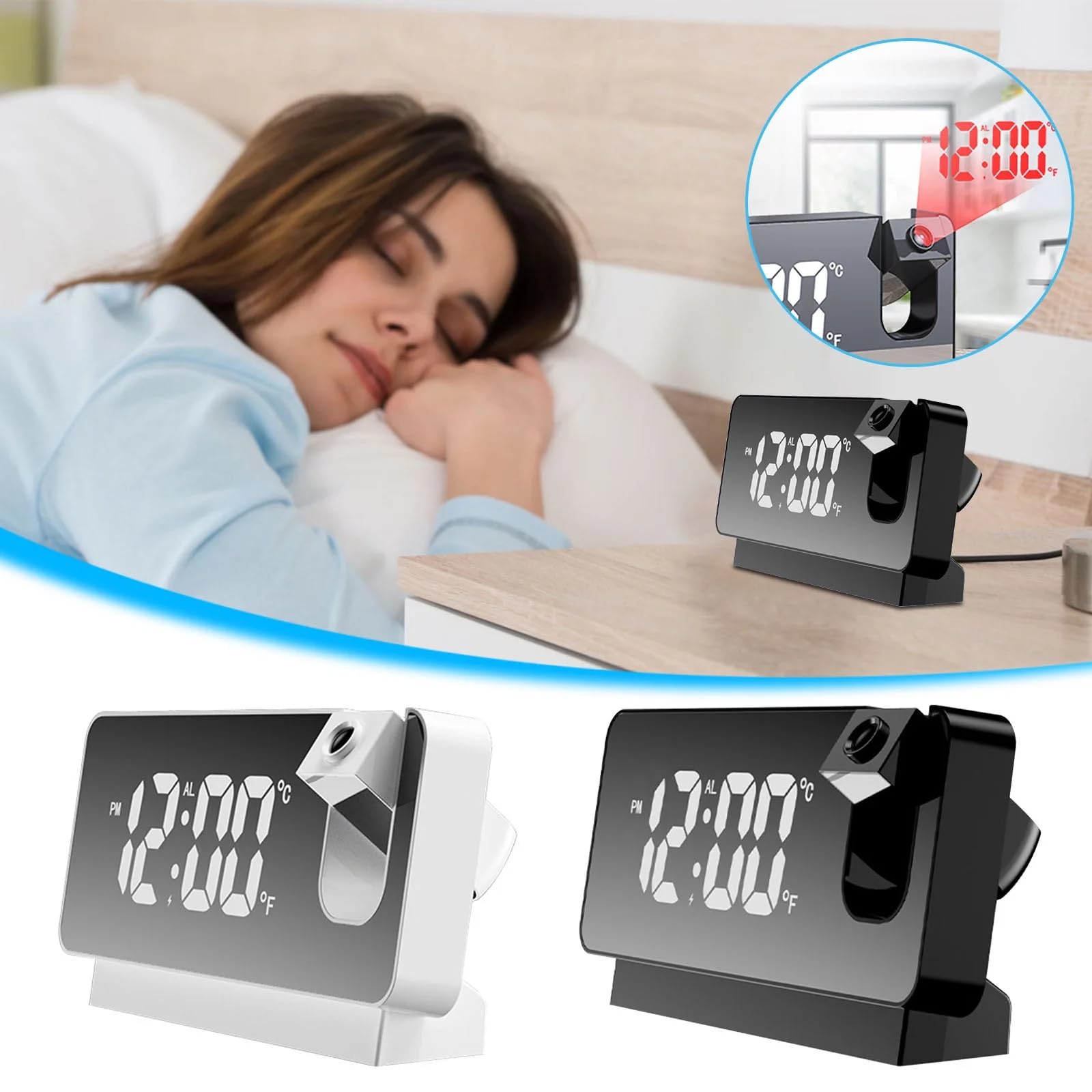 Sveglia con Proiettore Soffitto, Sveglia Digitale con Proiezione, Digitale da Comodino, Orologio Proiezione Soffitto con Rotazione di 180°, Schermo a LED a Specchio