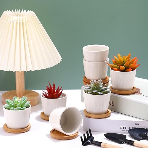 Miniatura 3 de Hsei Paquete de 24 macetas pequeñas de cerámica de 2.5 pulgadas con bandeja de bambú, contenedor de hierbas de cactus de jardín, decoración de