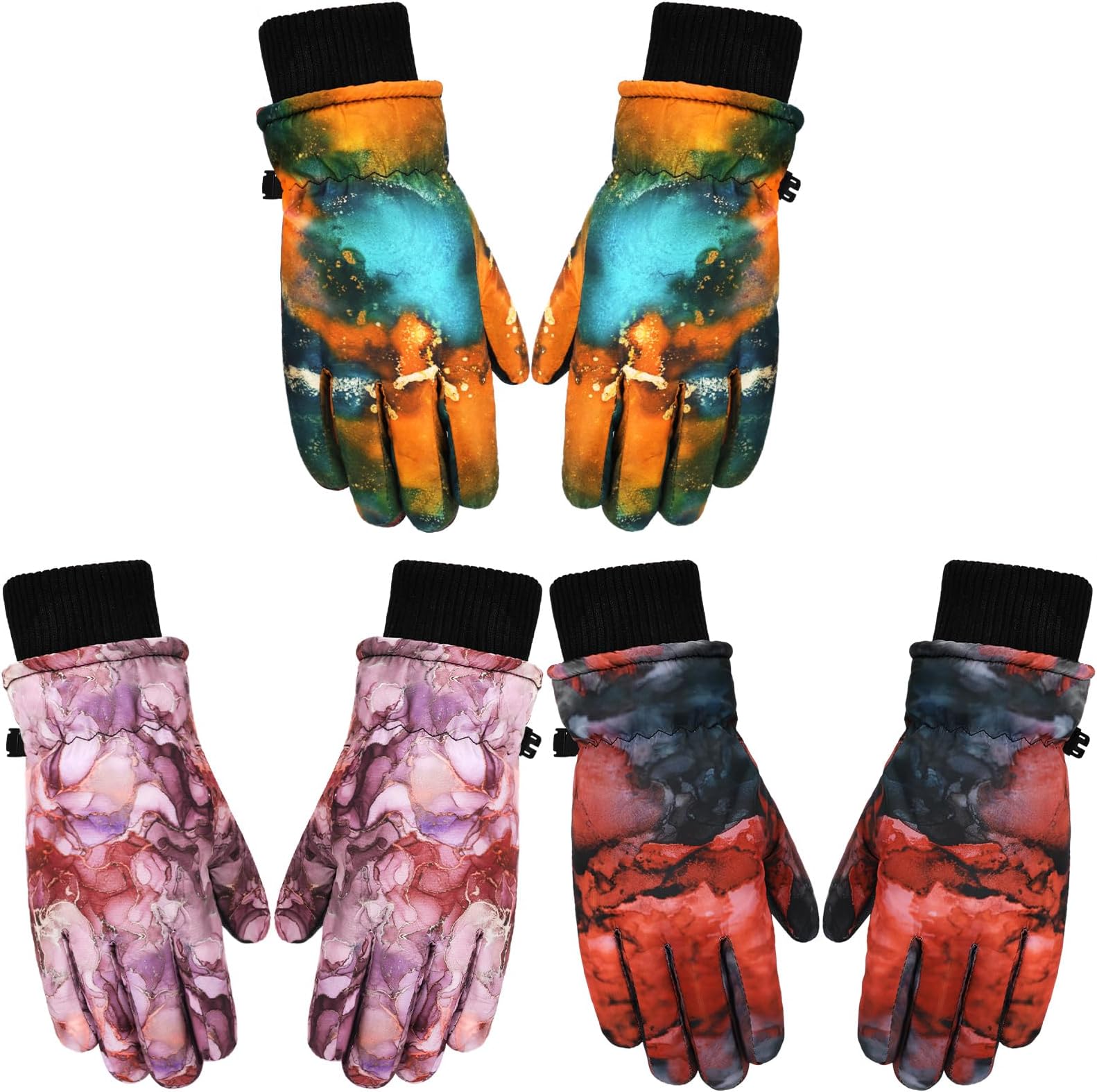 Bencailor 3 Pairs Kids Winter Gloves Waterproof Snow Ski Gloves Warm Outdoor Windproof Adjustable Gloves for Cold Weather (Red Green, Pink, Blue Green,6-10 Years)
